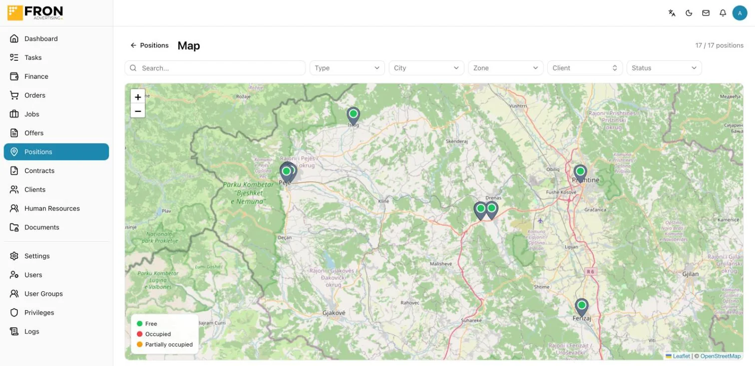 FRON Advertising CRM showing billboard positions on a map of Kosovo