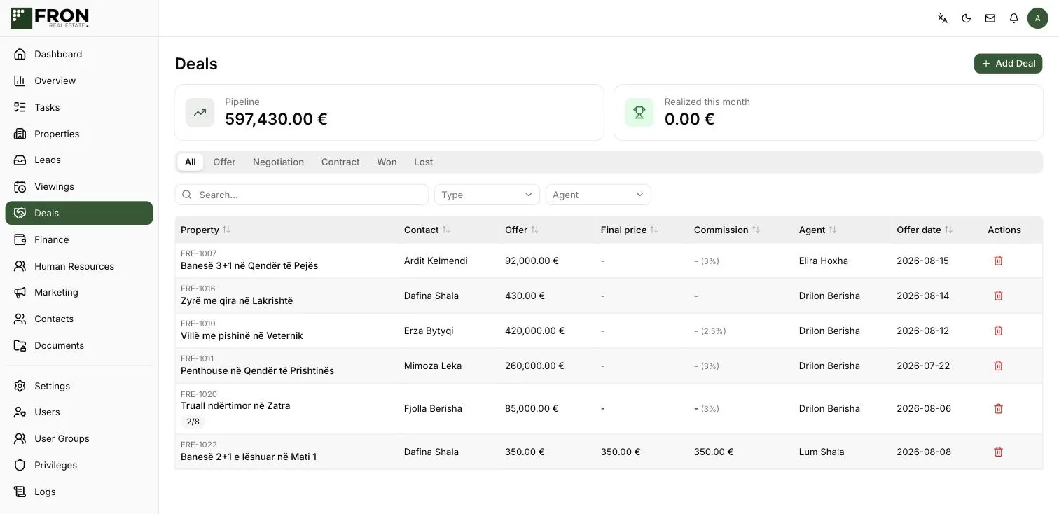FRON Real Estate CRM showing the deal pipeline with offers, commissions and agents